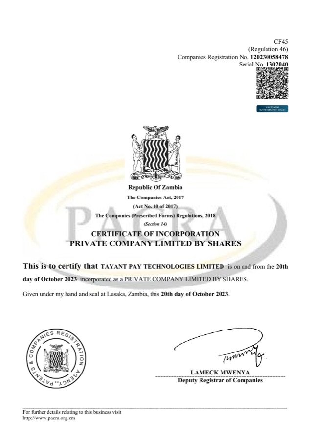 PACRA Certificate of Incorporation