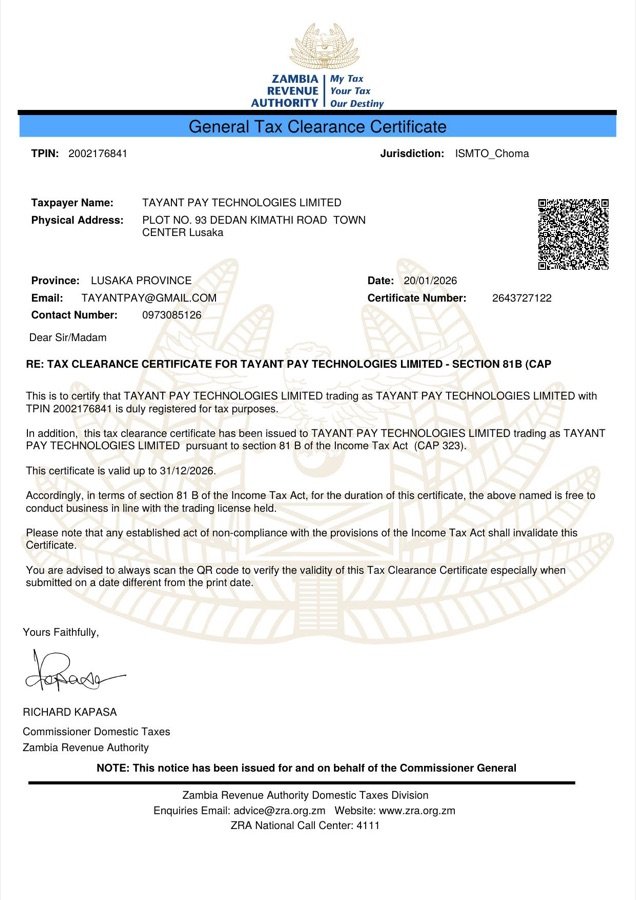 ZRA Tax Clearance Certificate