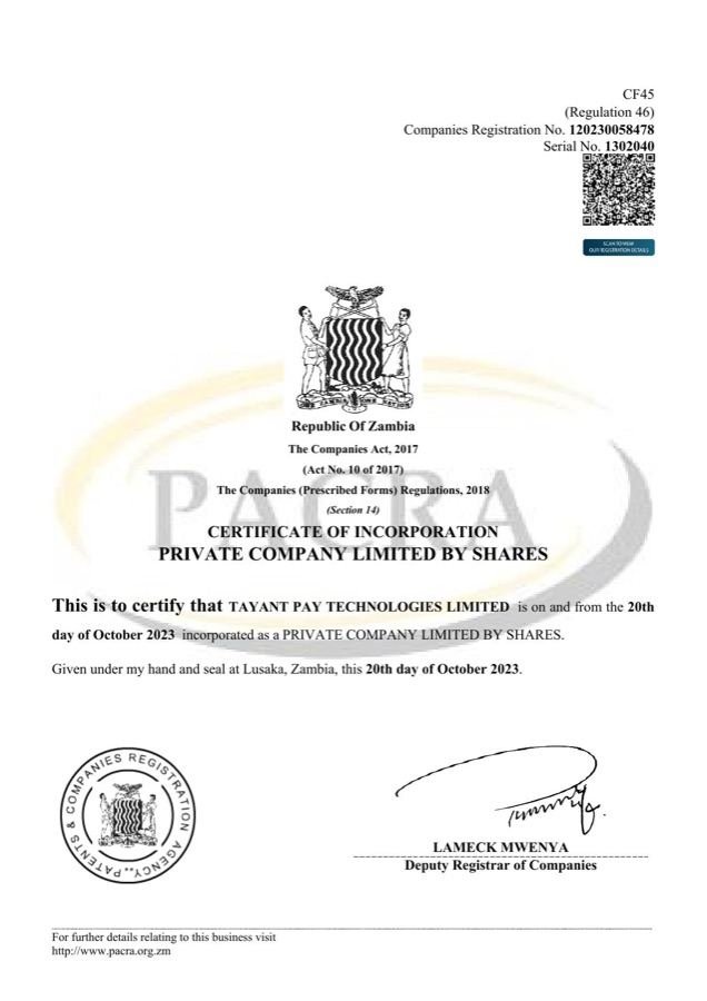 PACRA Certificate of Incorporation