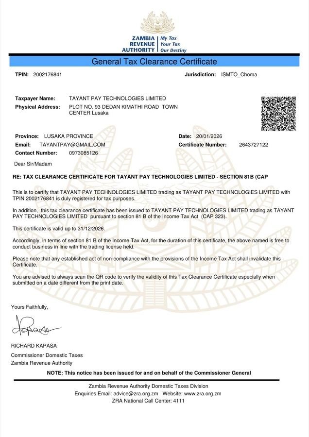 ZRA Tax Clearance Certificate